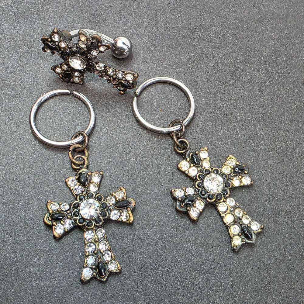 Morbid Metals Body Jewelry Set Silver Black Gothic Rhinestone Cross Rings Belly